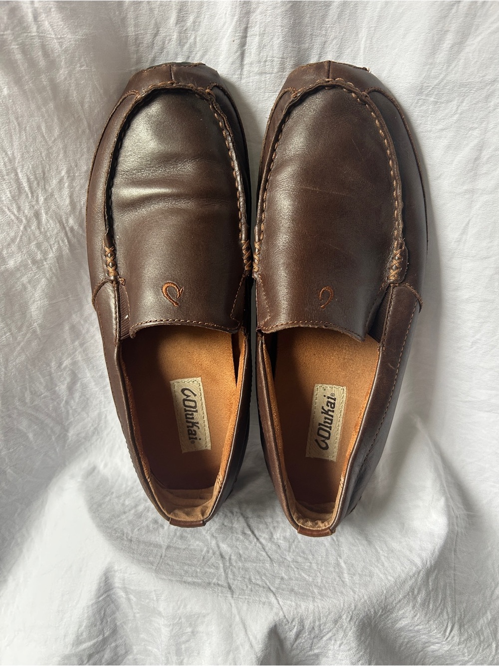 OluKai Brown Leather Slip-On Moccasin Loafers